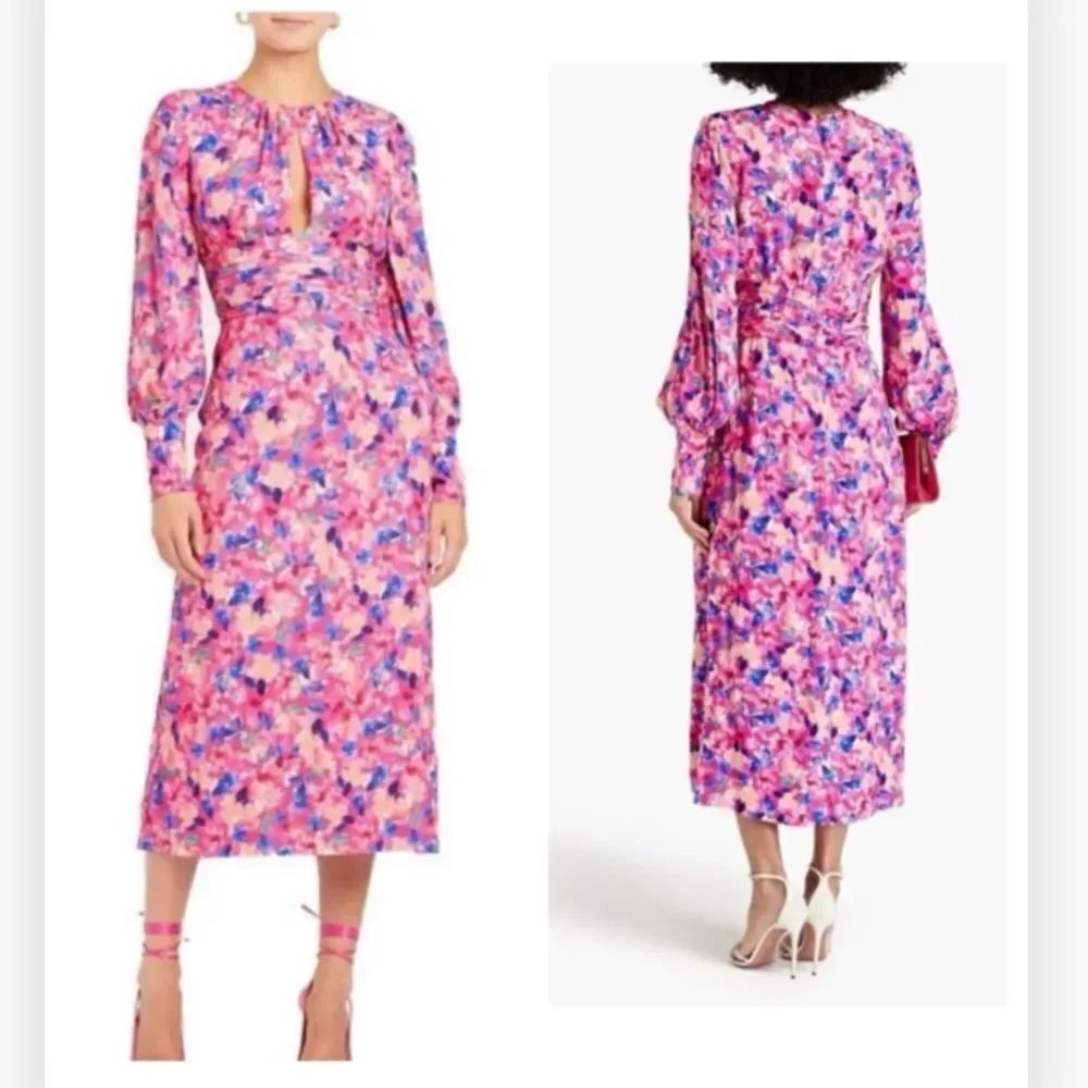Rebecca Vallance Little Havana Midi Dress 6 Pink Floral Long Sleeve NWT $695